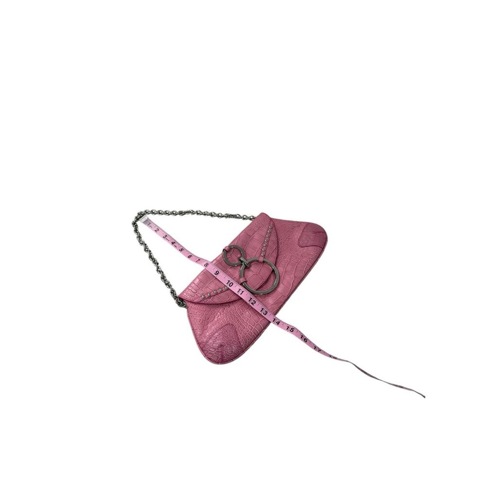 Vintage Y2K Style Pink Leather Croc Embossed Baguette Small Mini Shoulder Bag - Picture 8 of 10